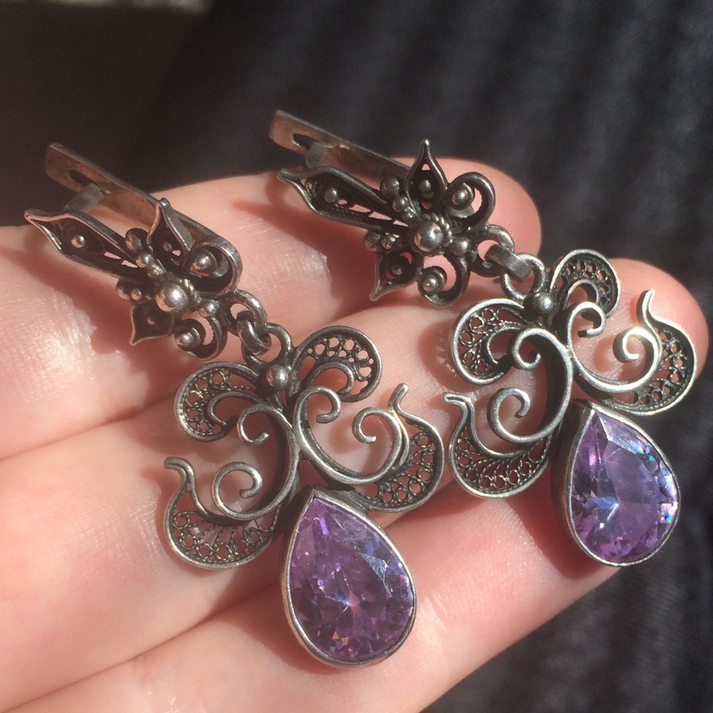 Filigree earrings 925 silver with purple stone